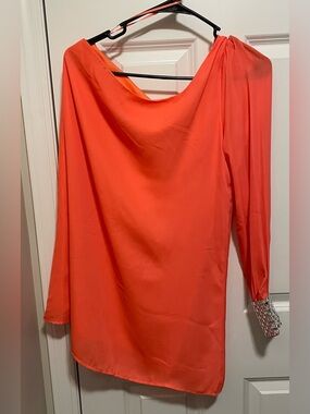 DEPRI Coral One-Shoulder Blouse - Jeweled Rhinestone Cuff Size M